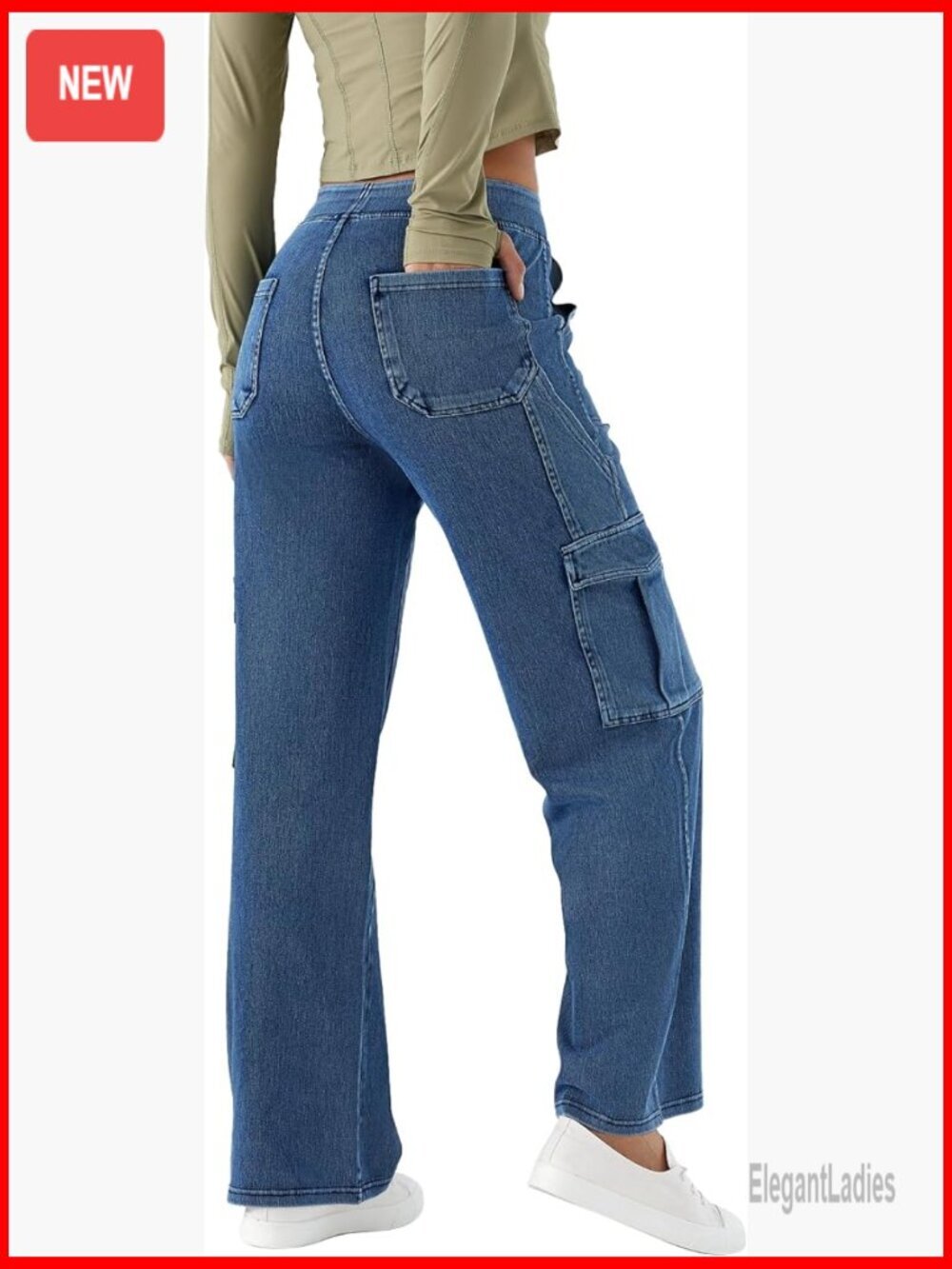 Elastic Waist Cargo Jeans Mid Rise Wide Leg Stretch Denim Pants